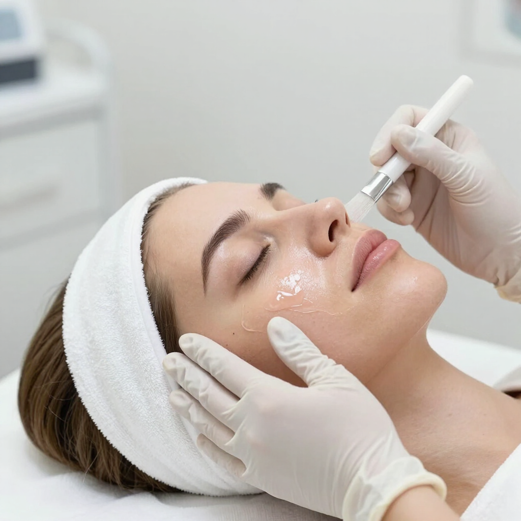 Tratamiento estético en el rostro de una mujer con manos enguantadas aplicando un dispositivo en un entorno de spa.