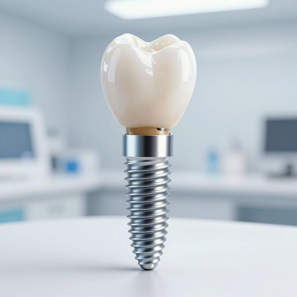 Implante dental individual con corona blanca sobre un fondo clínico borroso.