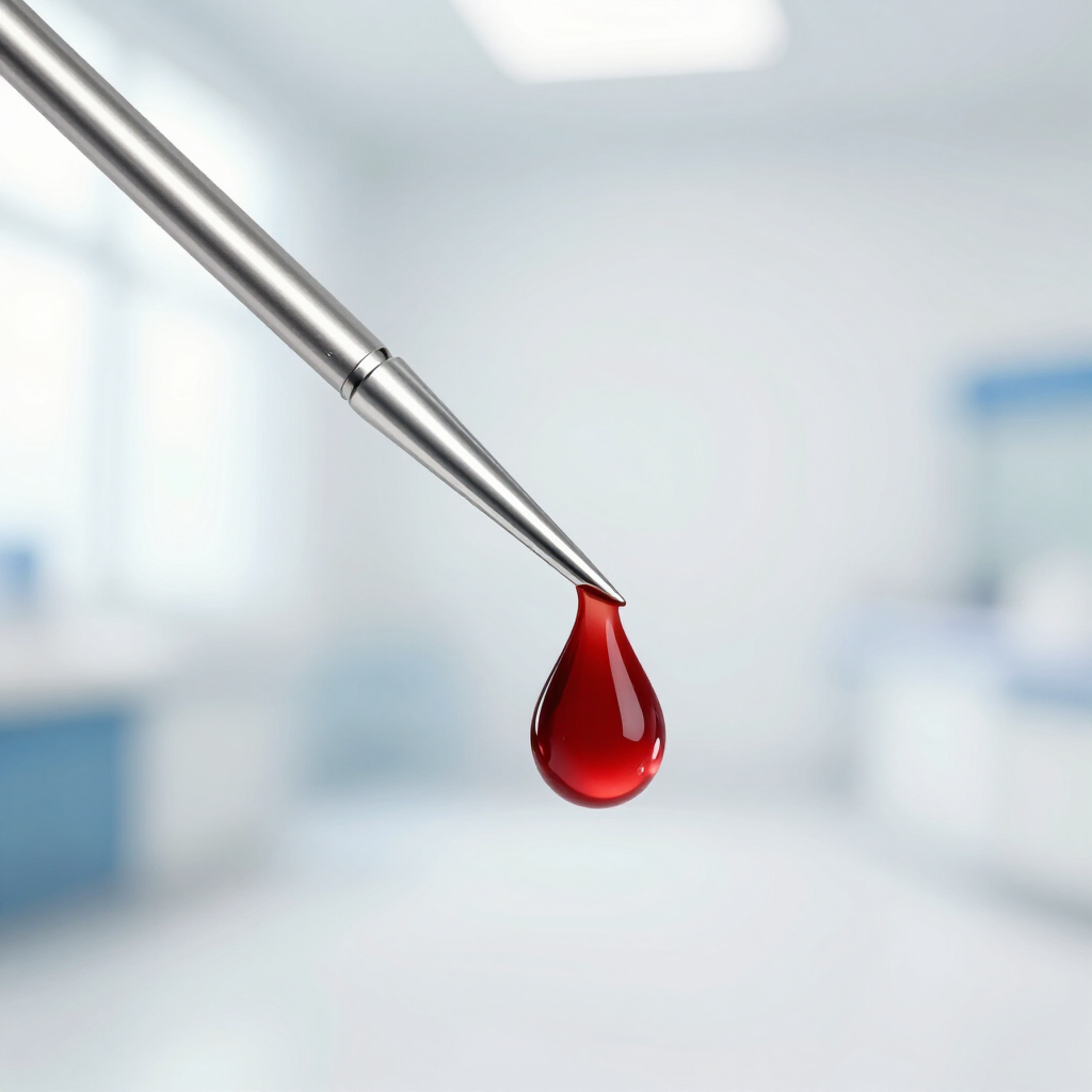 Gota de líquido rojo sobre la punta de una pipeta metálica en un entorno de laboratorio borroso.