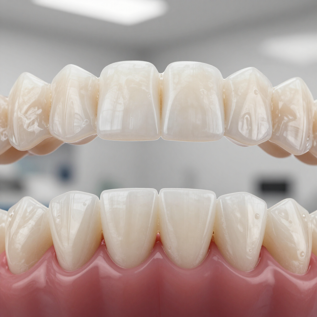 Filas superior e inferior de alineadores dentales translúcidos visibles sobre encías rosadas.