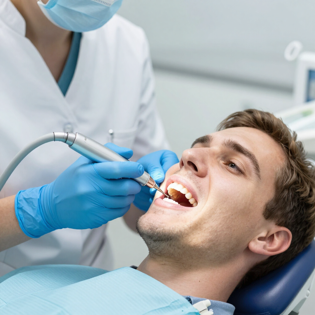 Dentista utilizando un taladro en un paciente recostado en una clínica dental; ambos usan guantes y mascarilla.