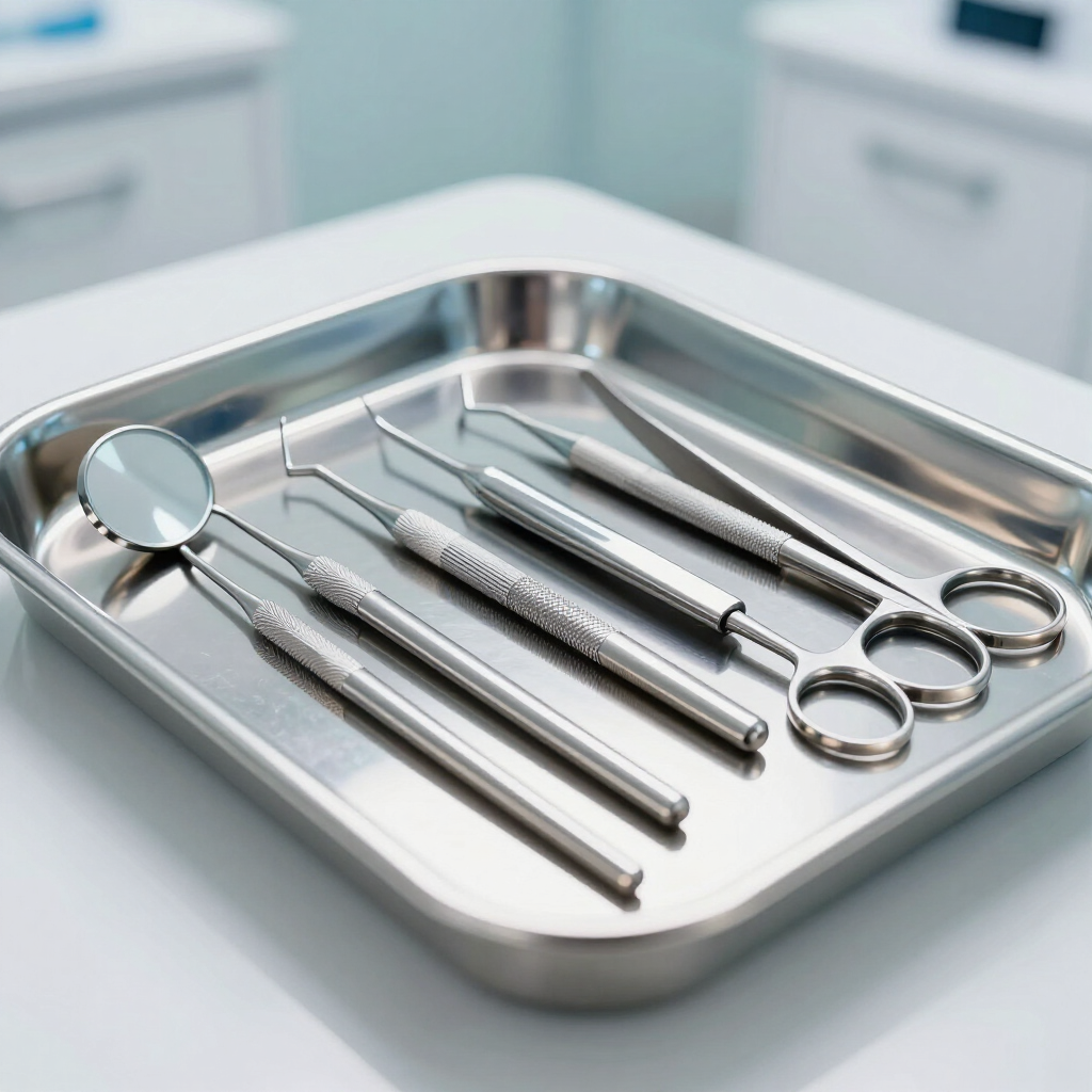 Instrumentos dentales sobre una bandeja de acero inoxidable en un entorno clínico limpio.