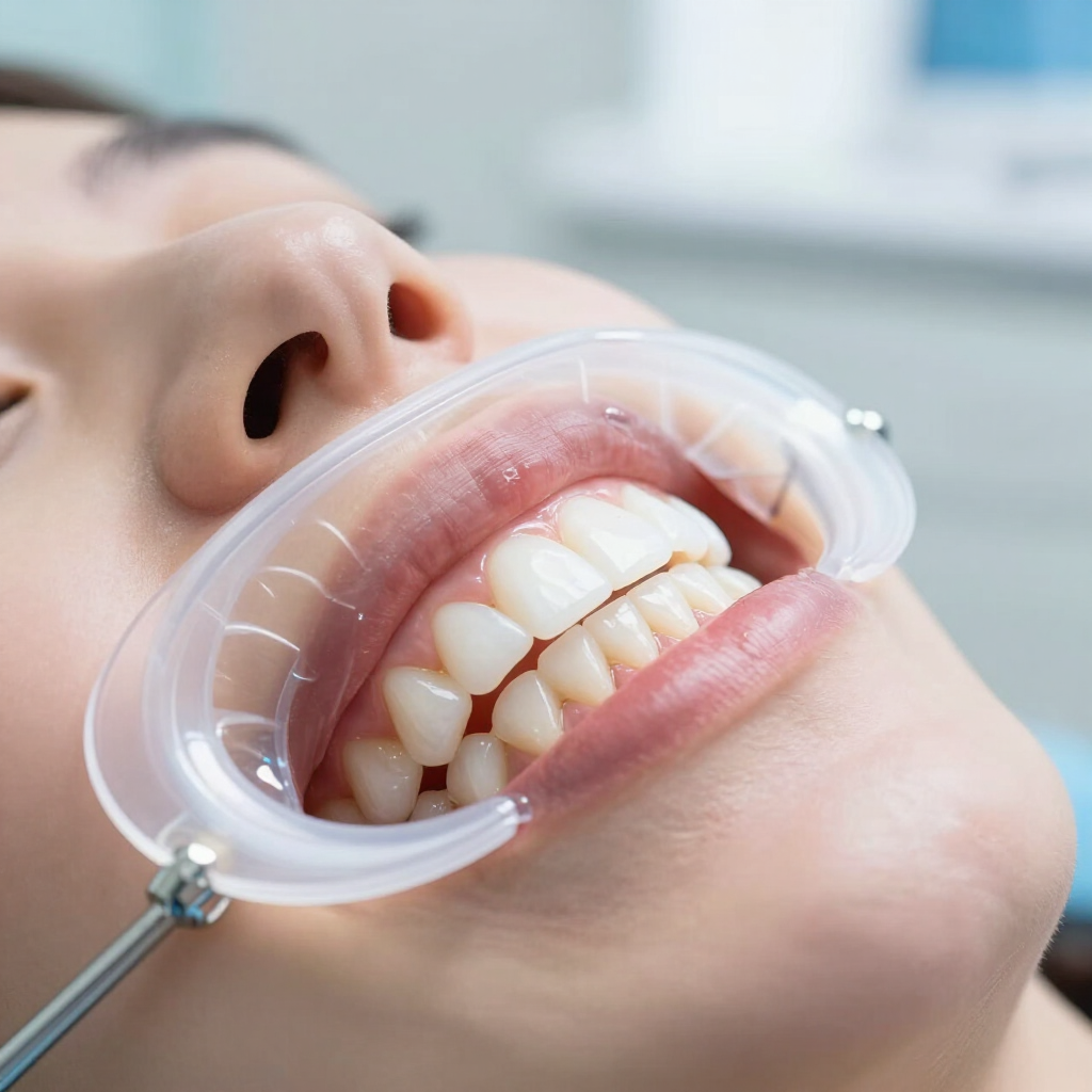 Primer plano de los dientes que se están blanqueando con una férula dental transparente y gel blanqueador.