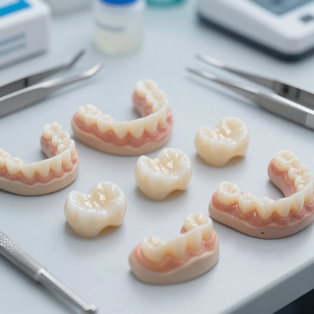 Prótesis dentales y coronas sobre una bandeja limpia con instrumental dental al fondo.