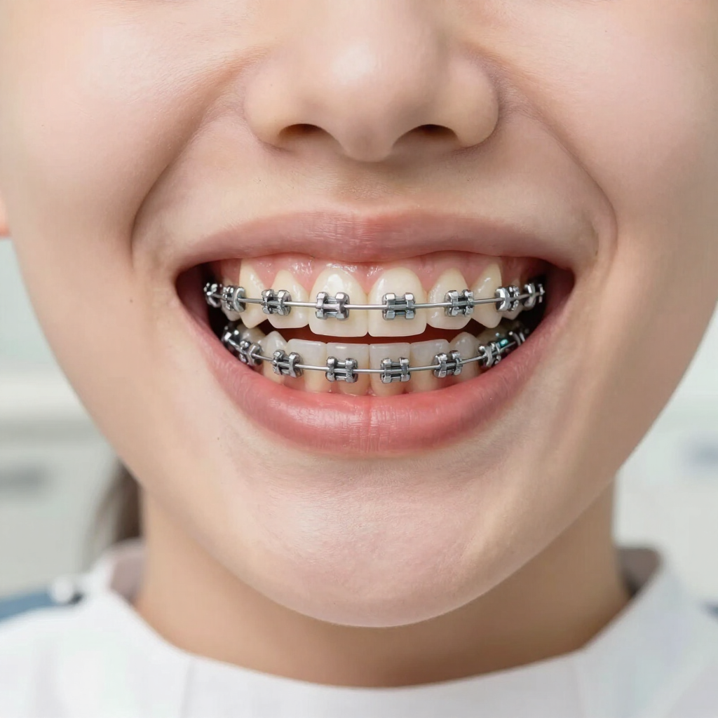 Primer plano de una boca sonriente con aparatos de ortodoncia transparentes en los dientes superiores e inferiores.