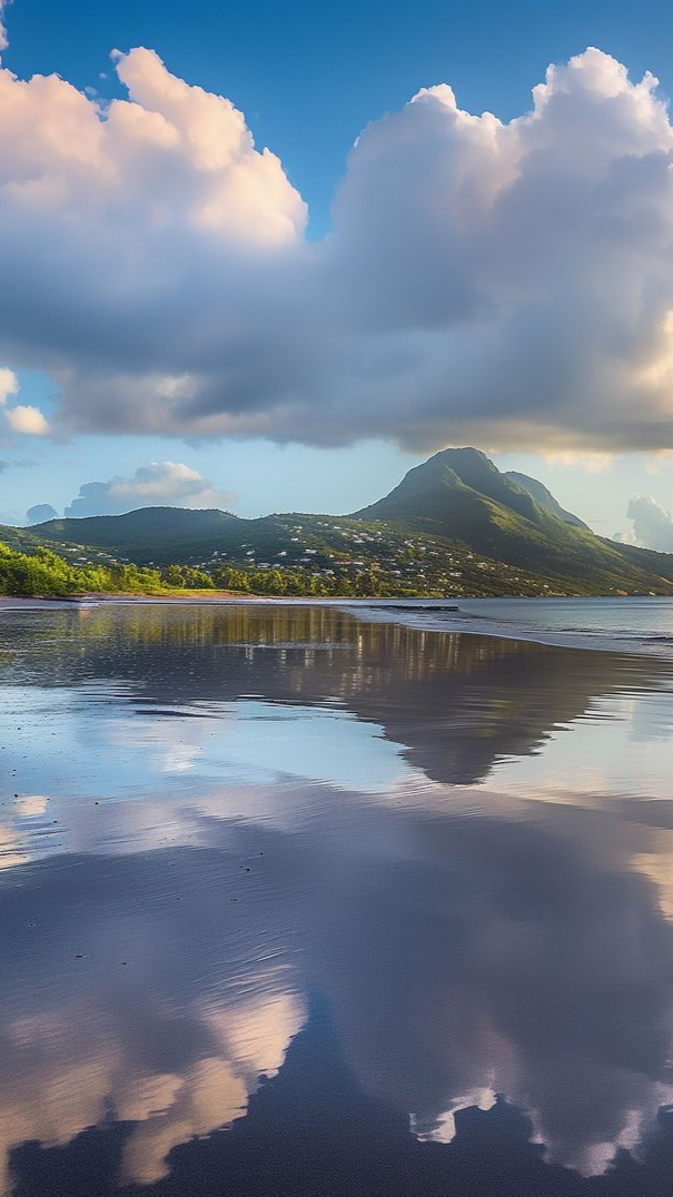 Scène de plage avec montagne et nuages se reflétant dans le sable mouillé.