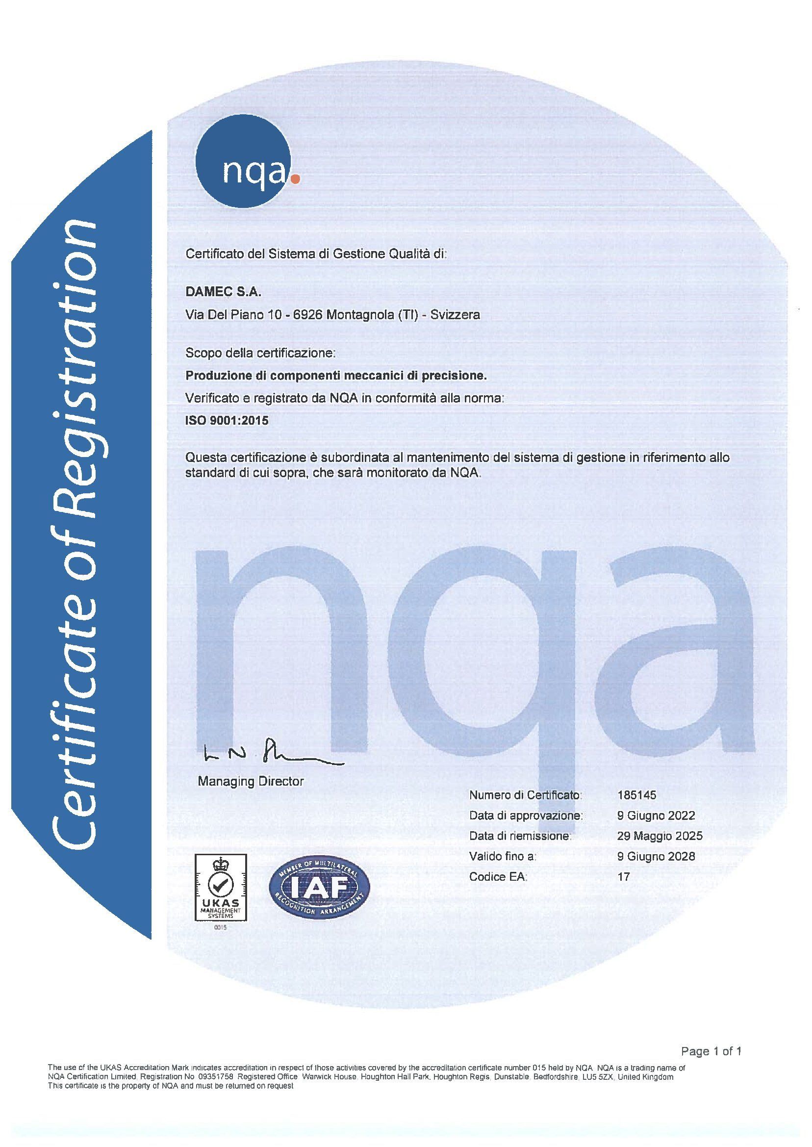 Certificato NQA - Damec SA -Tessin - Schweiz