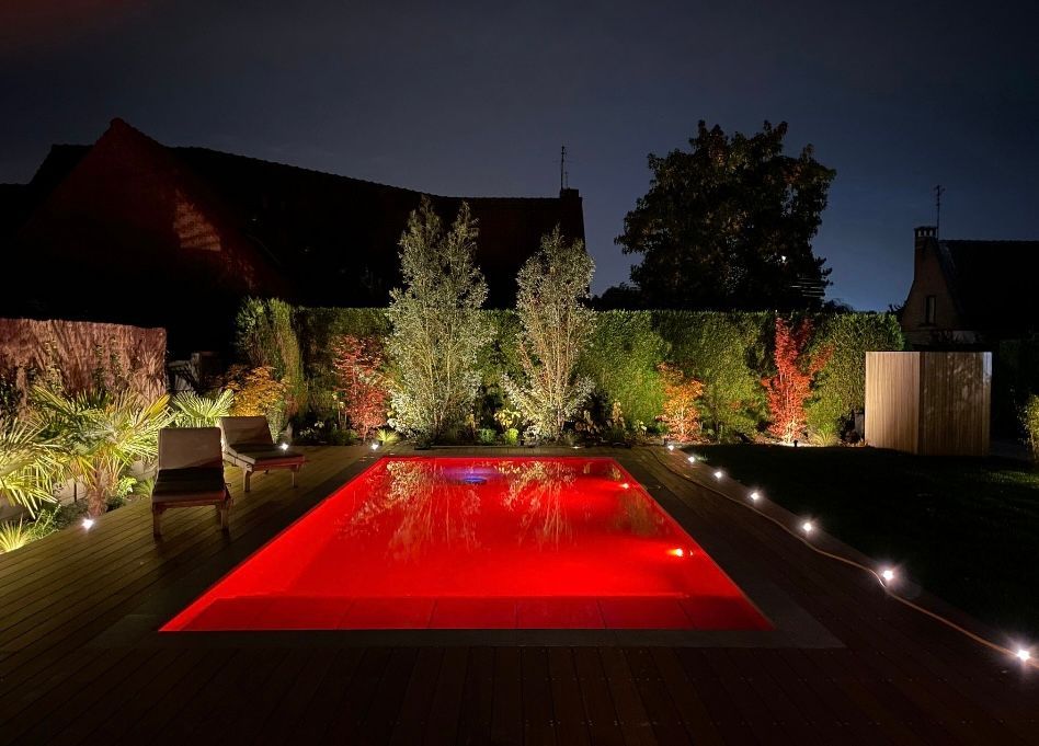 Olivier éclairé avec son reflet dans la piscine