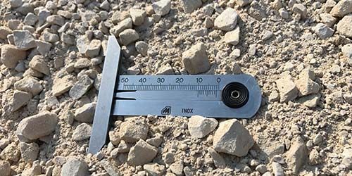 Une jauge en forme de T, posée sur un lit de petites pierres, permet de mesurer leur taille.