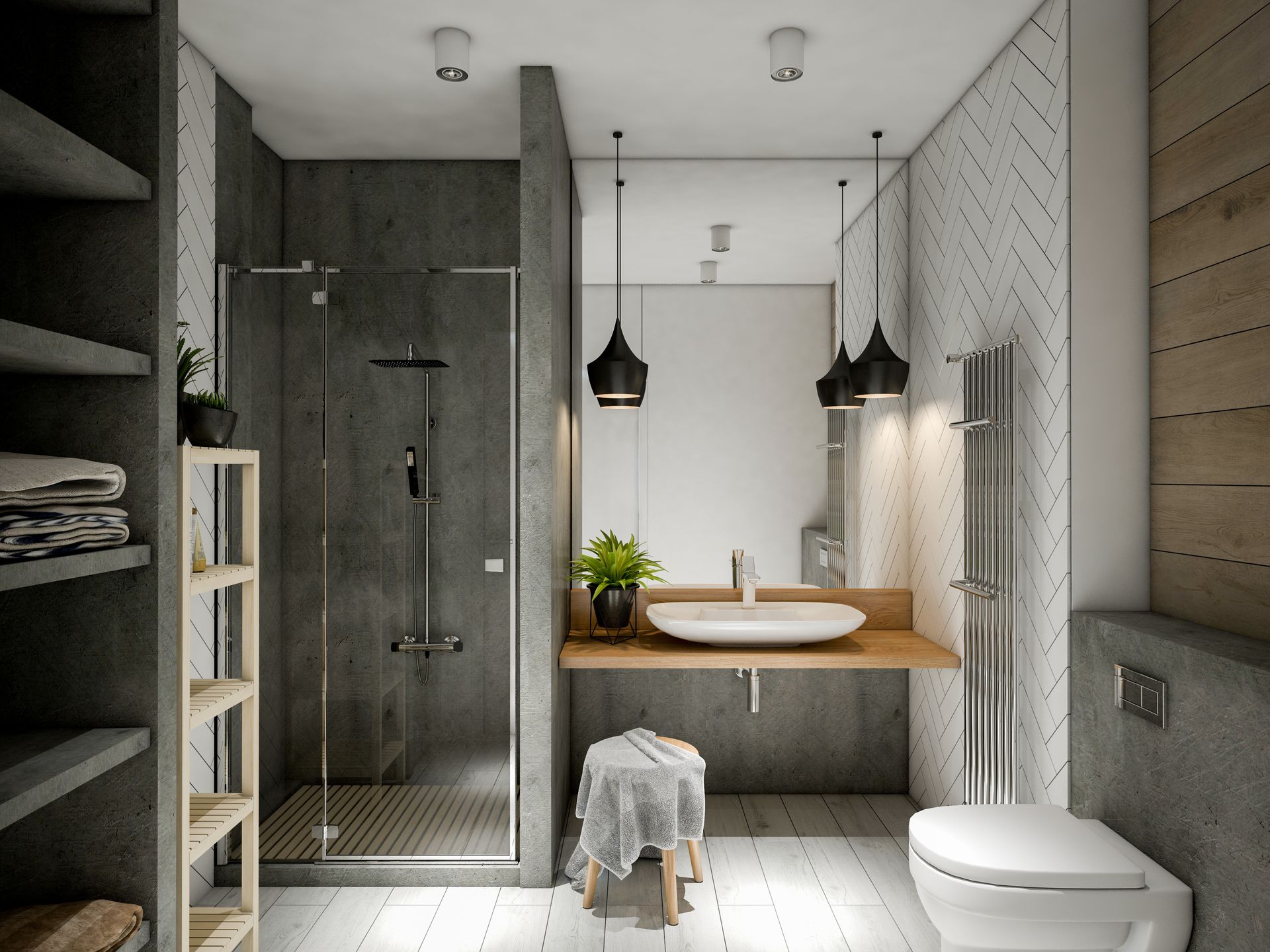 Salle de bains moderne avec douche à l'italienne, meuble-lavabo en bois, lavabo blanc, toilettes et murs carrelés gris.
