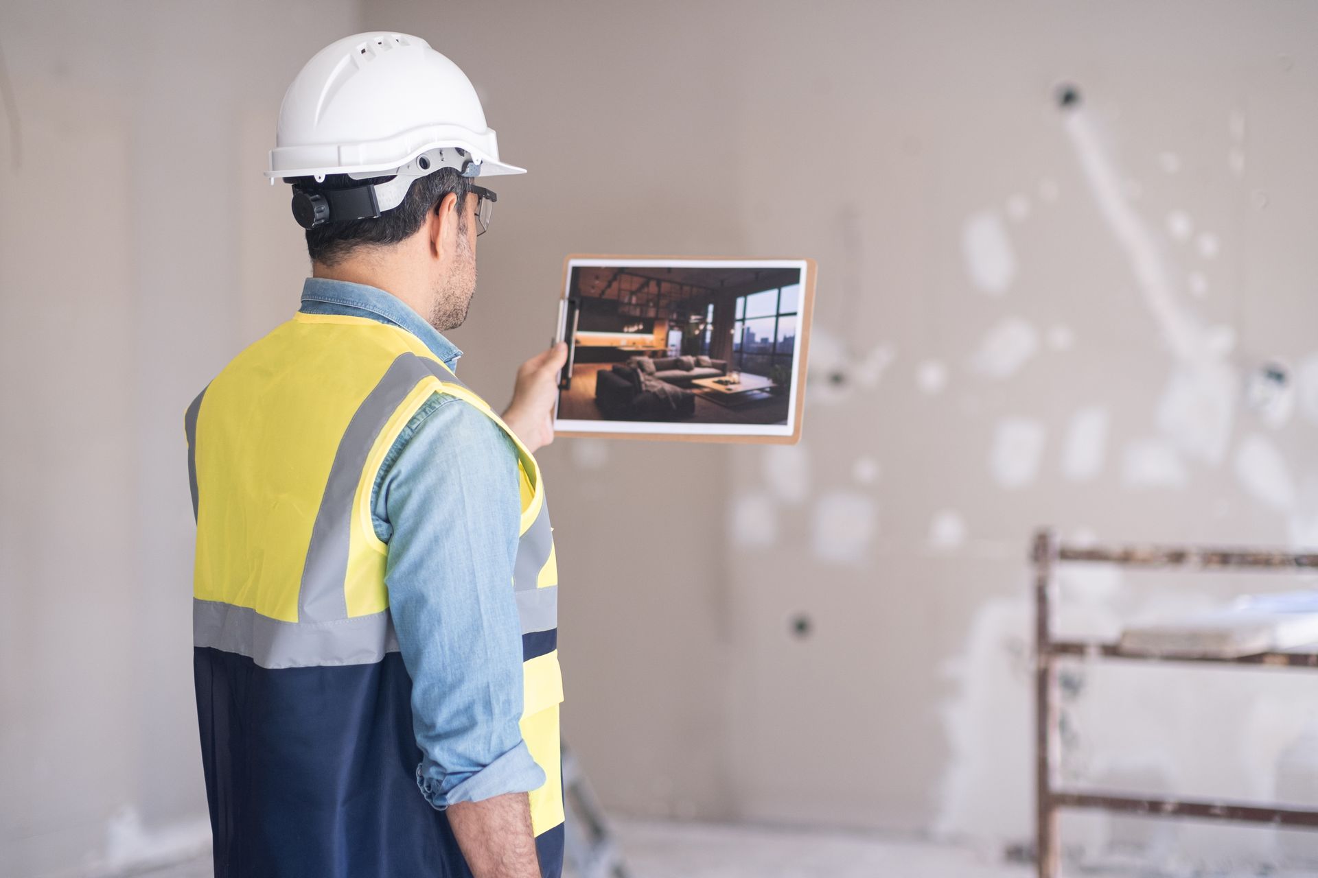 Ouvrier du bâtiment portant un casque de chantier consultant une tablette sur un chantier de rénovation.