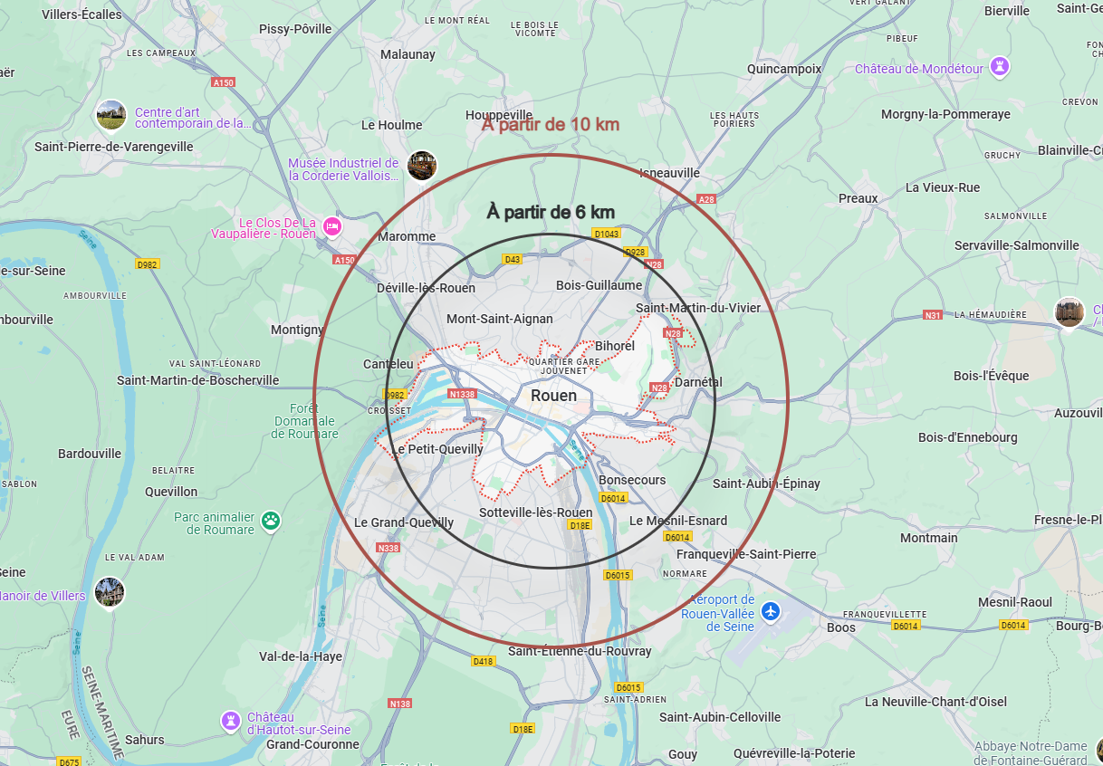 Carte de Rouen avec une zone d'intervention.