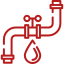Un dibujo de línea roja de una tubería de agua con una gota de agua saliendo de ella.