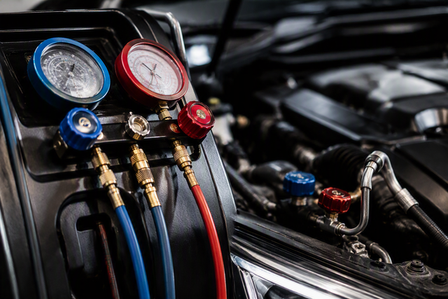 Klimaservice und Wartung – Garage Nikola Schönenwerd Klimaanlagen-Manometer mit blauen und roten Anzeigen, die im Motorraum an Schläuche angeschlossen sind