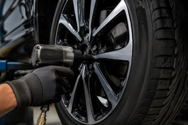Reifenmontage und Auswuchten – zuverlässiger Reifenservice bei Garage Nikola Eine behandschuhte Hand zieht mit einem Schlagschrauber eine schwarze Radmutter an einem Autorad fest