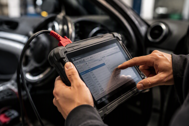 Elektronische Fahrzeugdiagnose – präzise Fehleranalyse für alle Marken Hände, die ein robustes Tablet in einem Auto bedienen, mit dem Armaturenbrett im Hintergrund.