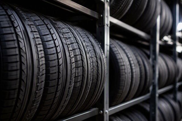 Reifen Einlagerung - Garage Nikola Schönenwerd Reihen schwarzer Reifen, die in einem Lagerbereich auf Metallregalen gestapelt sind