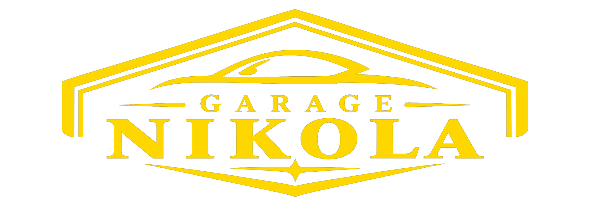 Gelbes „Garage Nikola“-Logo mit einem Hausdach-Umriss und fetter Schrift
