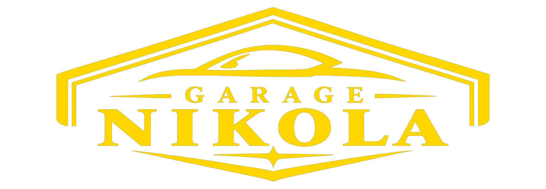 Logo der Garage Nikola Schönenwerd – Autowerkstatt für alle Marken Gelbes Garagenlogo mit dem Schriftzug „GARAGE NIKOLA“ und einer stilisierten Dachkontur