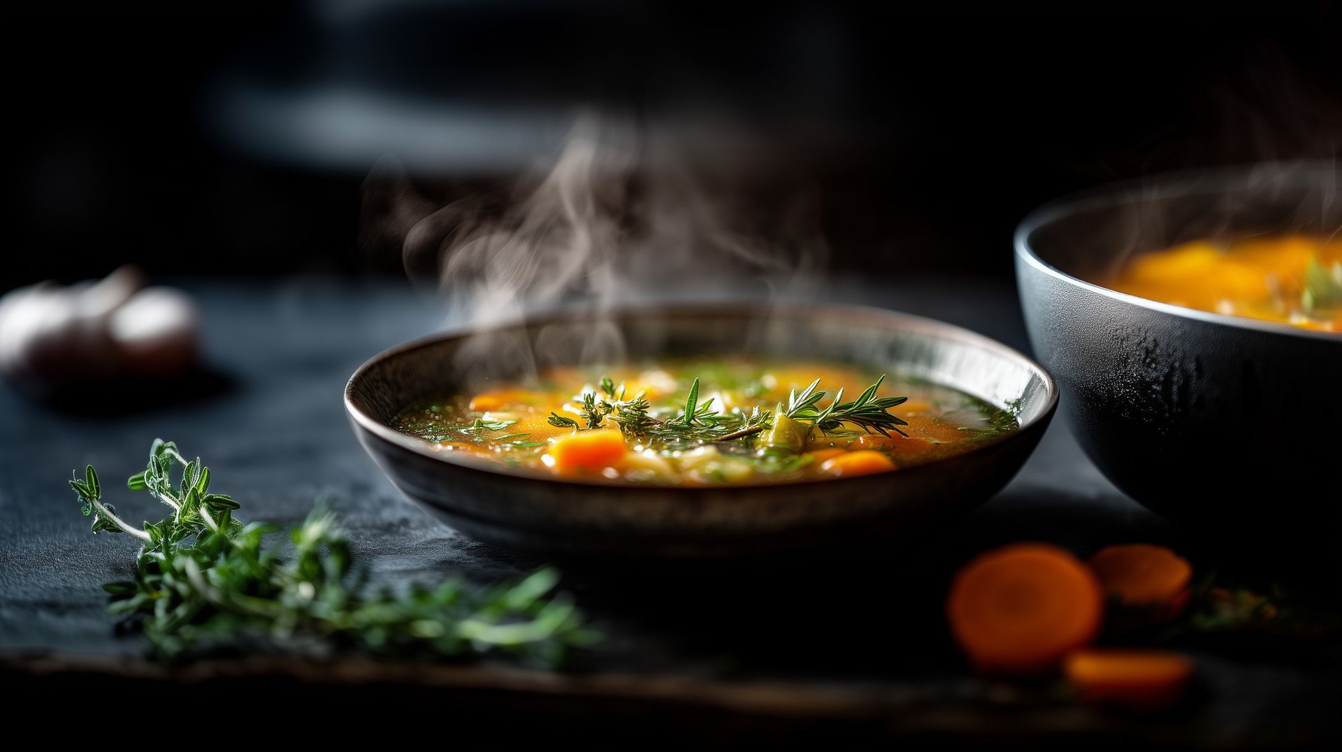 Dampfende Schüsseln mit Gemüsesuppe auf einem dunklen Tisch mit Kräutern und warmem orangefarbenem Licht.