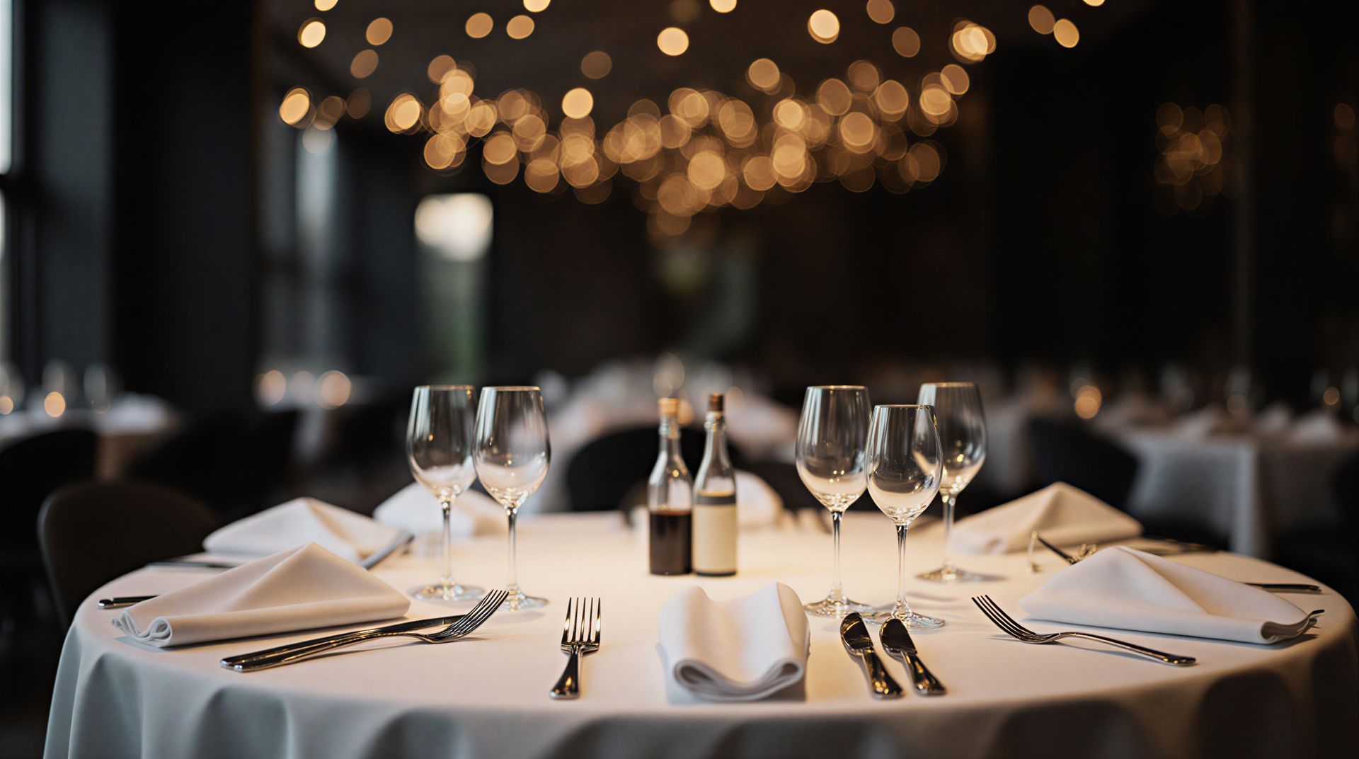 Ein runder Tisch, gedeckt für eine Mahlzeit in einem schwach beleuchteten Restaurant, mit Weingläsern und Silberbesteck.