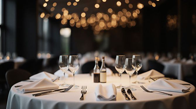 Ein runder Tisch, gedeckt für eine Mahlzeit in einem schwach beleuchteten Restaurant, mit Weingläsern und Silberbesteck.