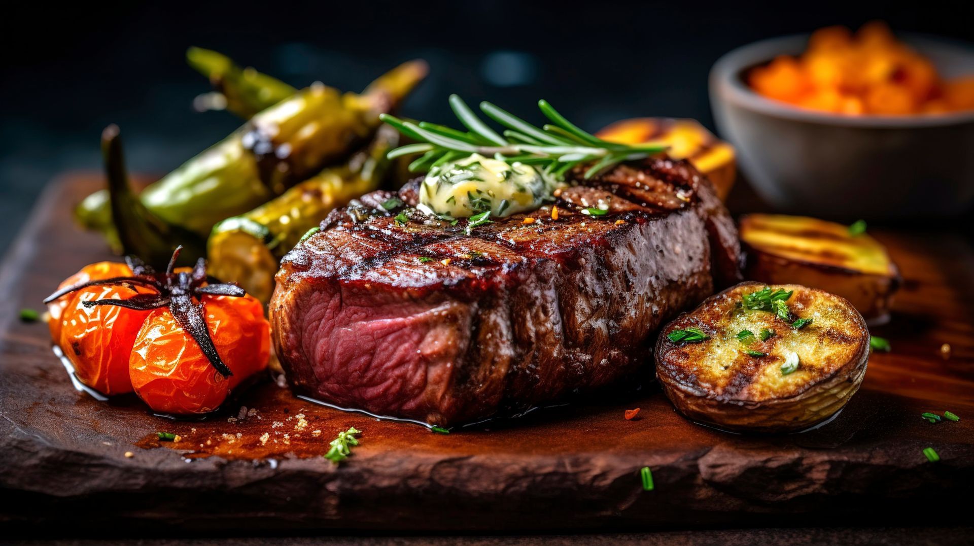 Gegrilltes Steak mit geröstetem Gemüse und Kirschtomaten auf einem dunklen Servierbrett