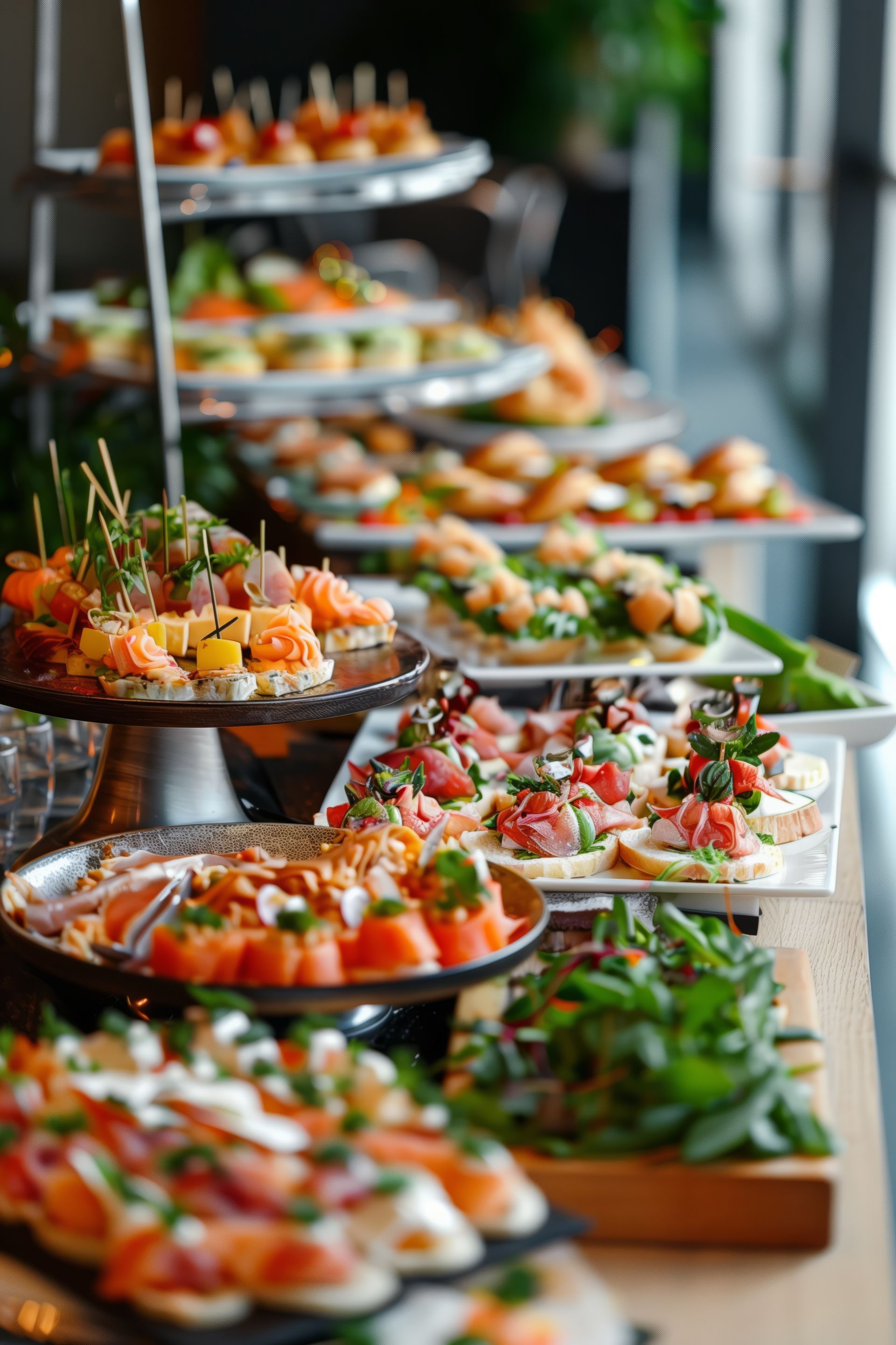 Vorspeisen auf Etagèren. Eine Auswahl an farbenfrohen Fingerfood-Häppchen. Buffet-Ambiente.