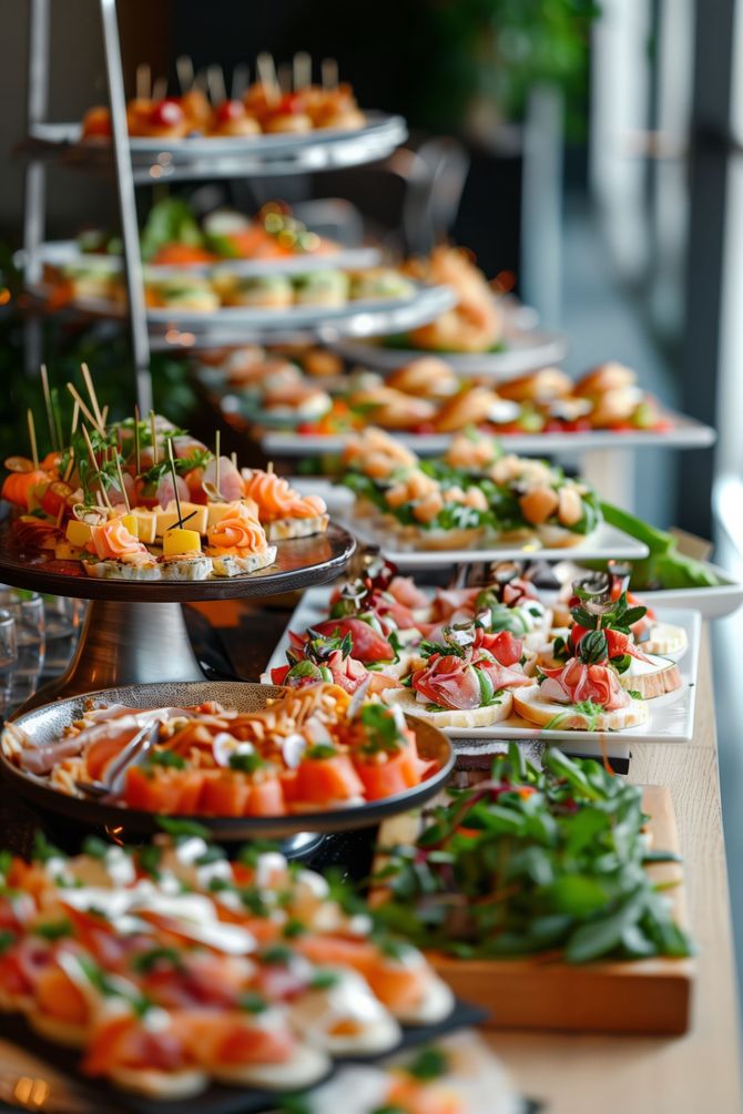 Vorspeisen auf Etagèren. Eine Auswahl an farbenfrohen Fingerfood-Häppchen. Buffet-Ambiente.