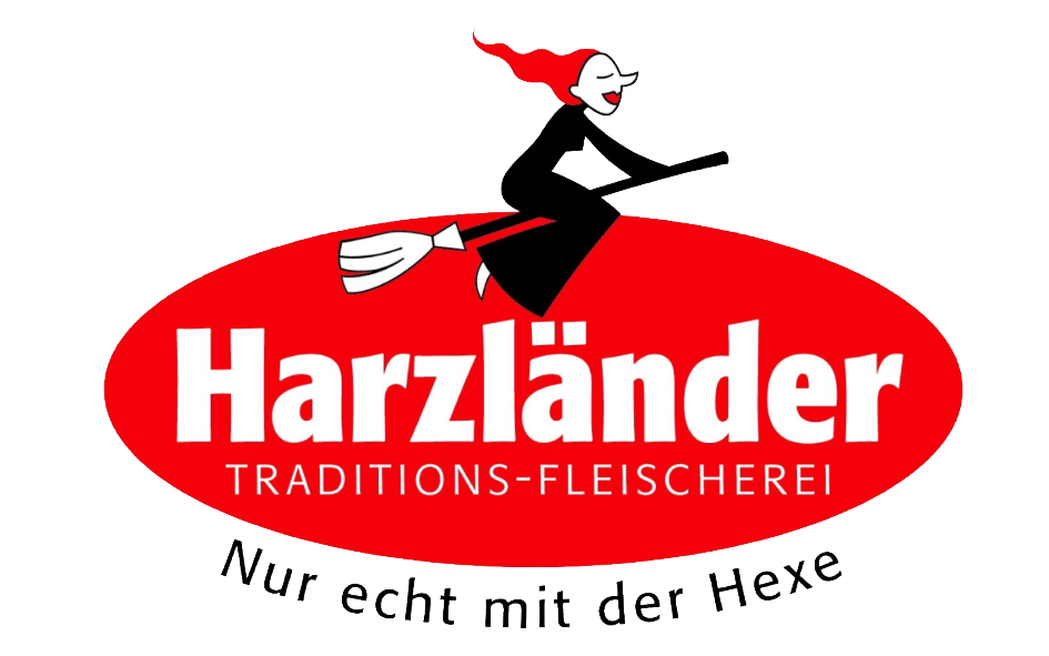 Logo for Harzländer Traditions-Fleischerei: Red oval with white text, witch on broom. Text: 