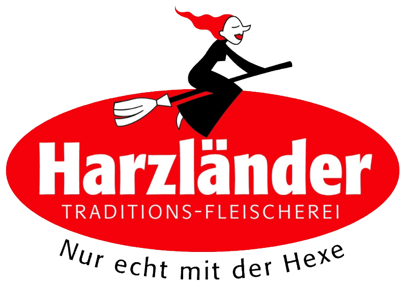 Harzländer logo with a black-and-white witch on a red oval, text “Traditions-Fleischerei” and “Nur echt mit der Hexe”