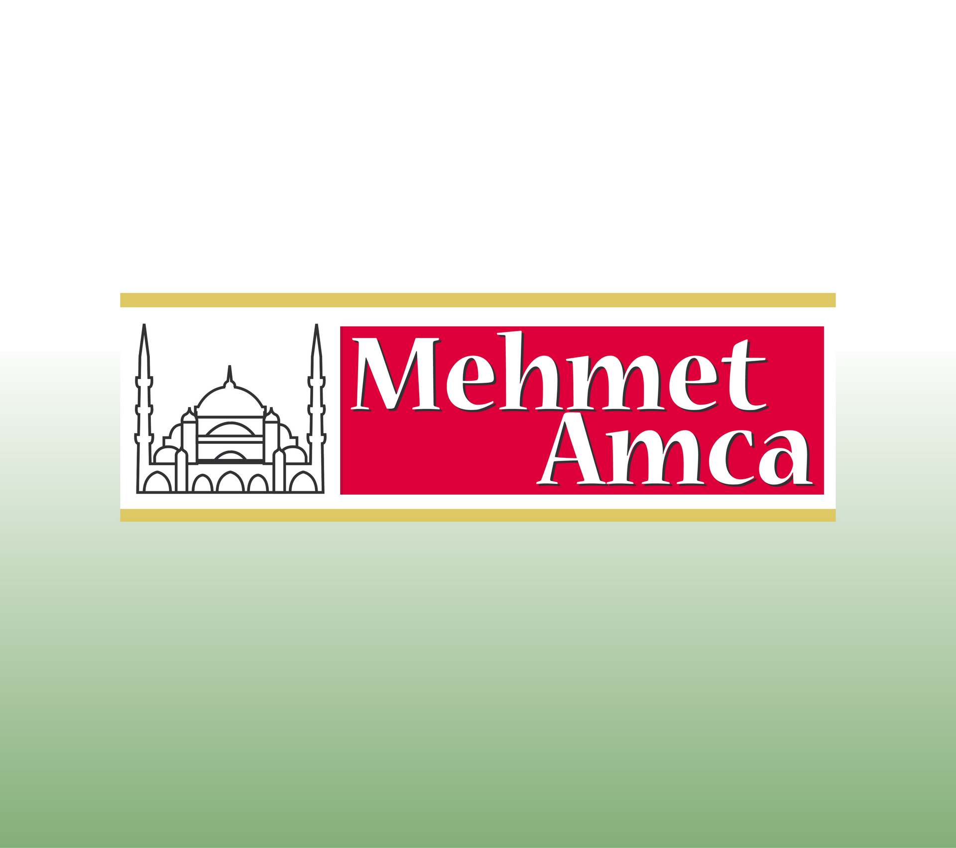 Mehmet Amca-Logo mit Moschee-Symbol, roter Text auf weißem Banner vor grünem Farbverlauf