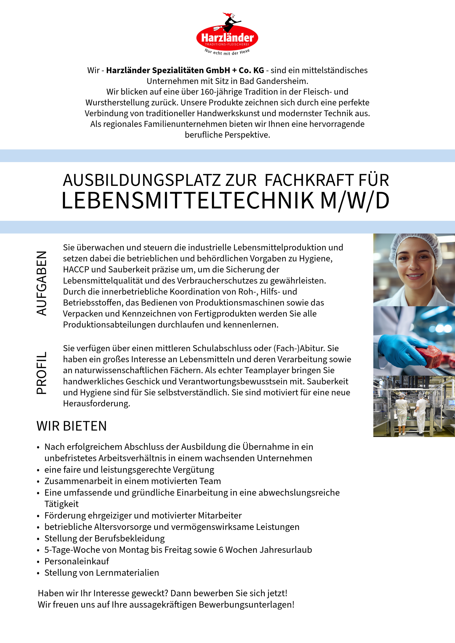 Deutscher Flyer für eine Ausbildung zum Lebensmitteltechniker, mit Text und einem kleinen Foto einer Frau im Laborkittel.