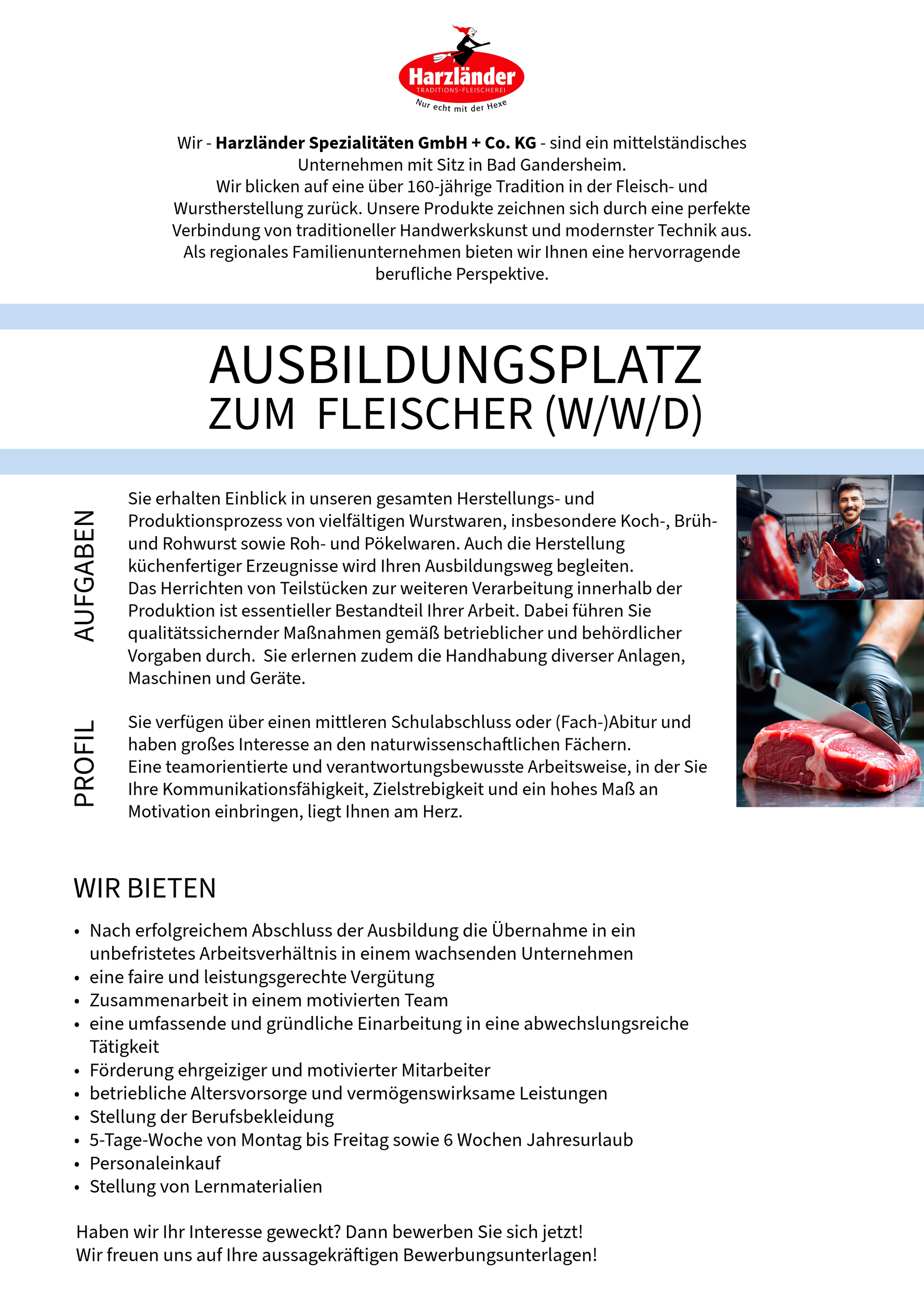 Deutsches Plakat wirbt für eine Metzgerlehre, mit Text und kleinen Fotos von Fleischzerlegung und rohem Fleisch.
