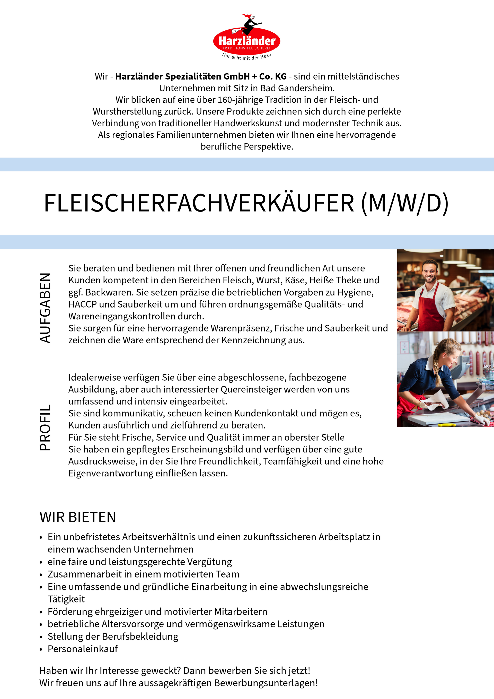 Stellenanzeige für Fleischereifachverkäufer/in mit Text und kleinem Foto einer Fleischtheke auf der rechten Seite