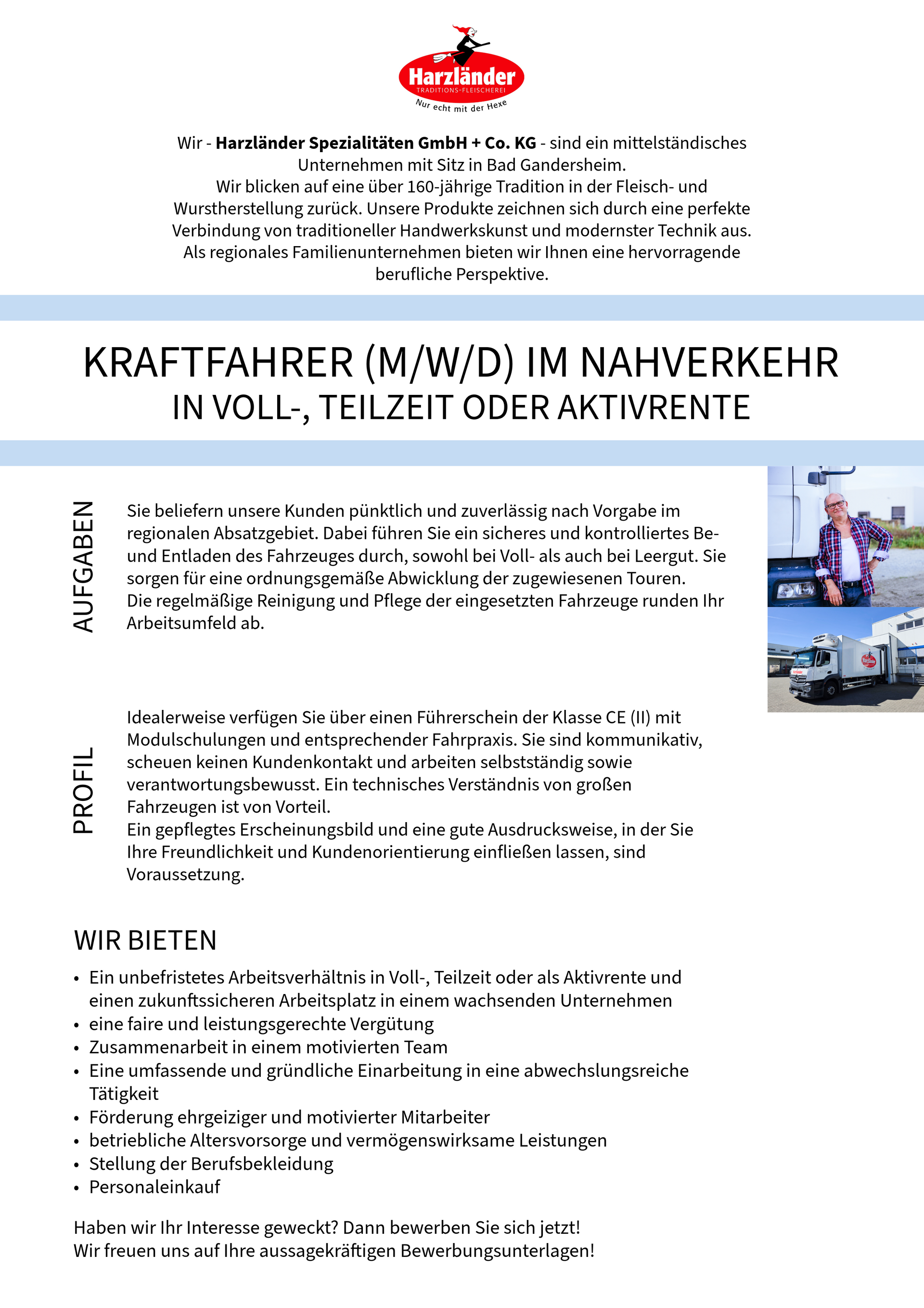 Deutscher Arbeitsvermittlungsflyer mit rotem Logo, Überschrift und einem kleinen Foto eines Bauarbeiters rechts.