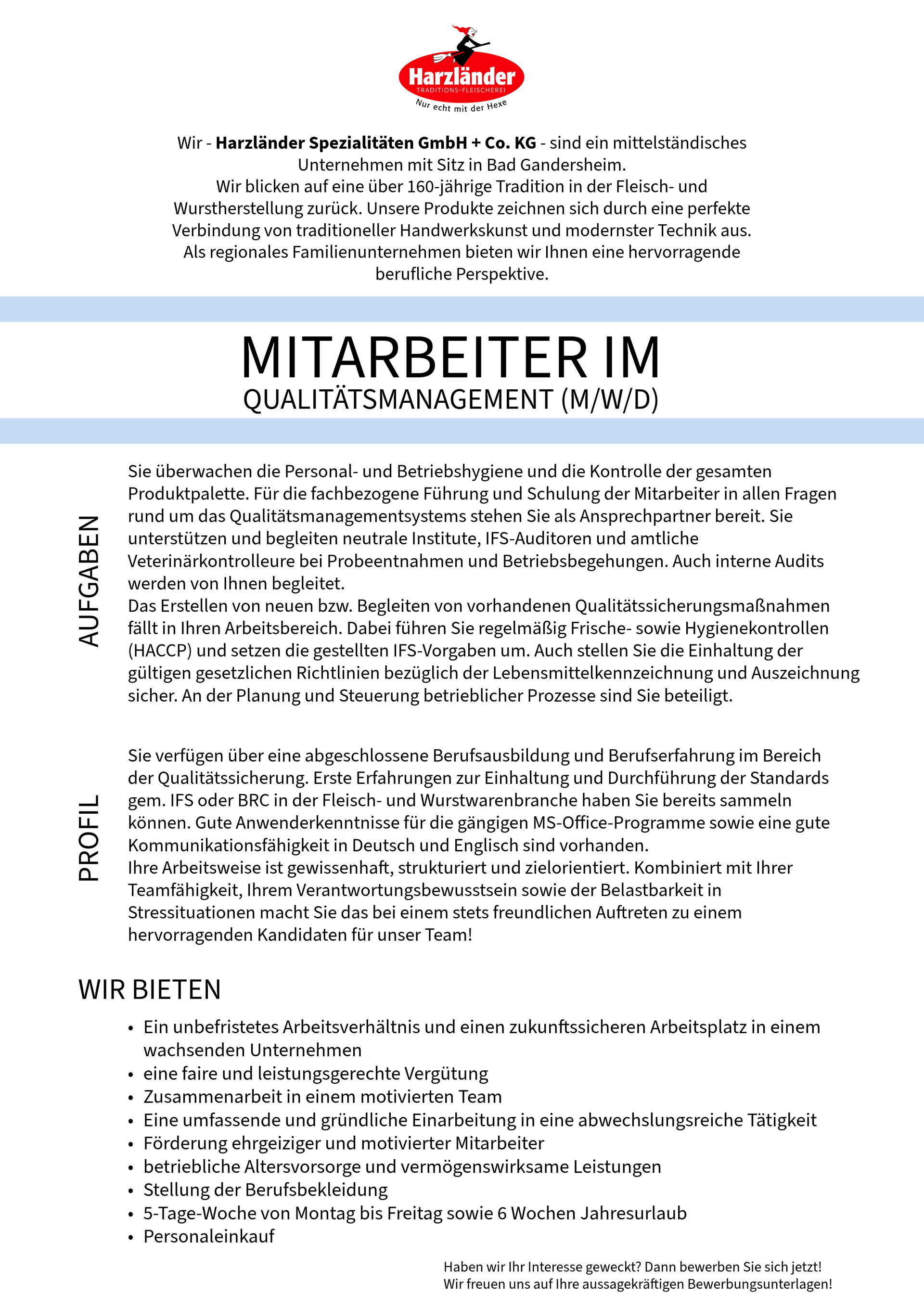 Deutscher Flyer mit dem Titel „MITARBEITER IM…“ mit dichtem schwarzem Text und einem kleinen roten Logo oben.