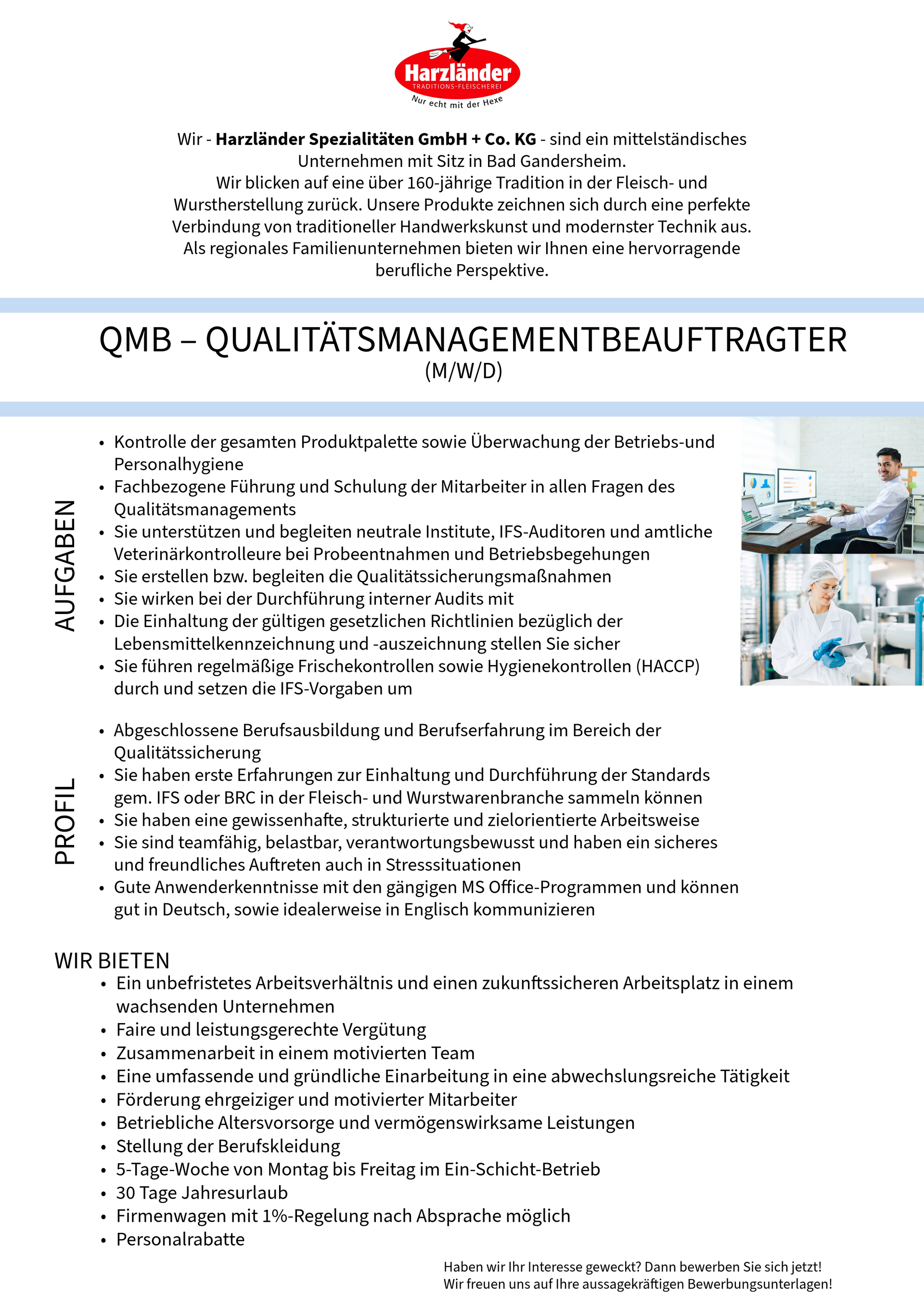 Deutscher Flyer mit dem Titel „MITARBEITER IM…“ mit dichtem schwarzem Text und einem kleinen roten Logo oben.