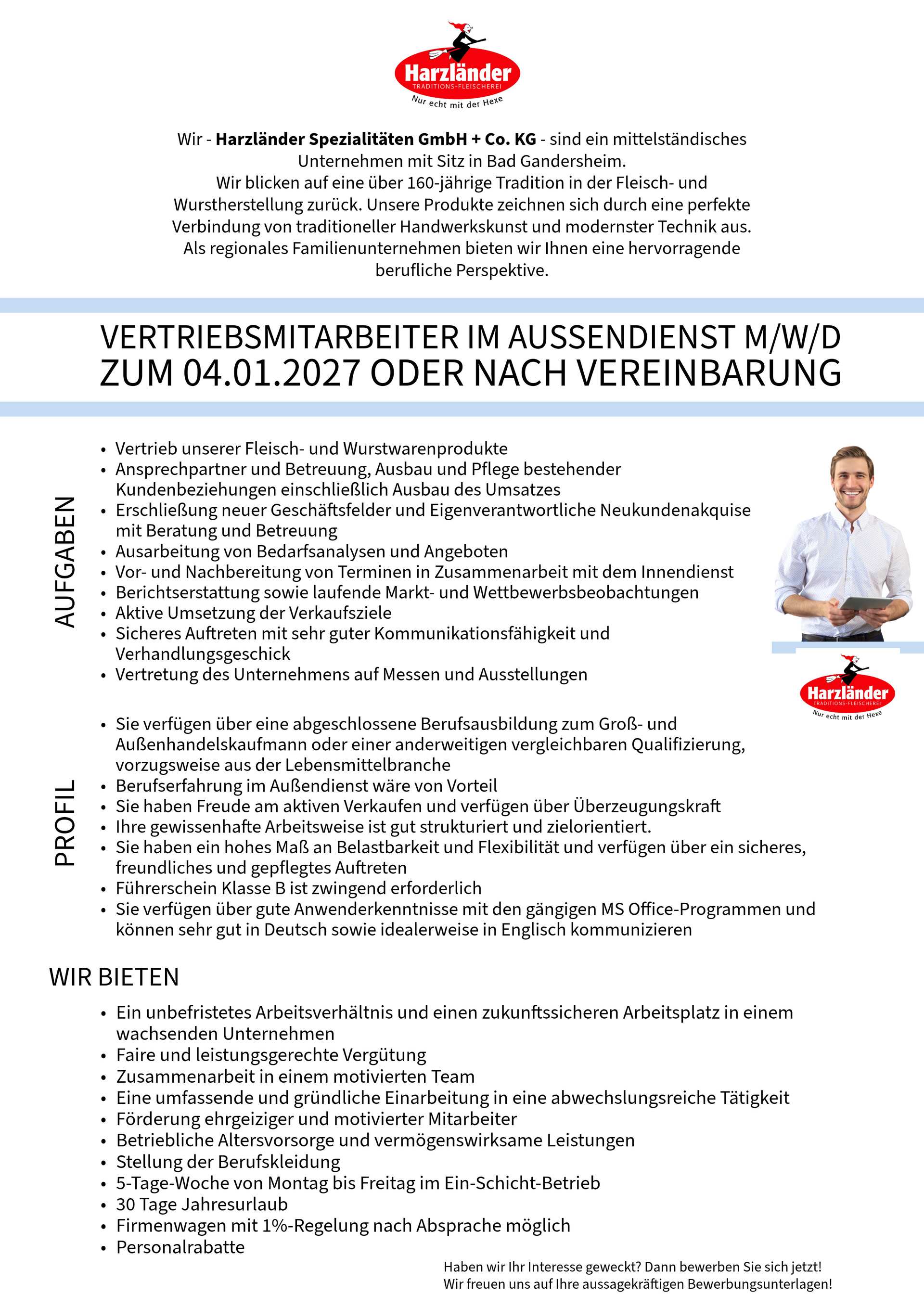 Deutscher Flyer mit dem Titel „MITARBEITER IM…“ mit dichtem schwarzem Text und einem kleinen roten Logo oben.