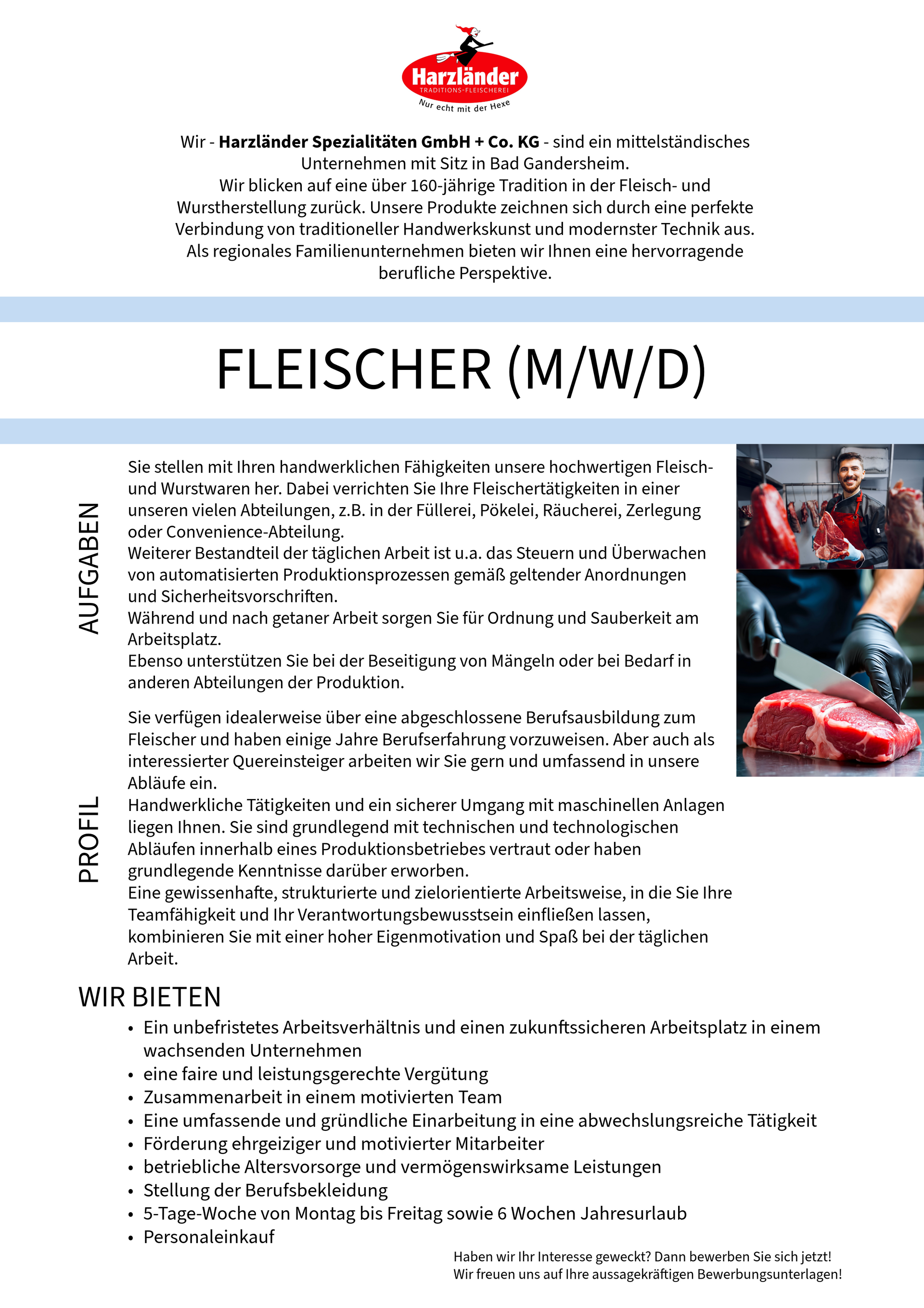 Stellenanzeige mit dem Titel „FLEISCHER (M/W/D)“ mit Text und einem Foto von rohen Fleischstücken auf der rechten Seite.