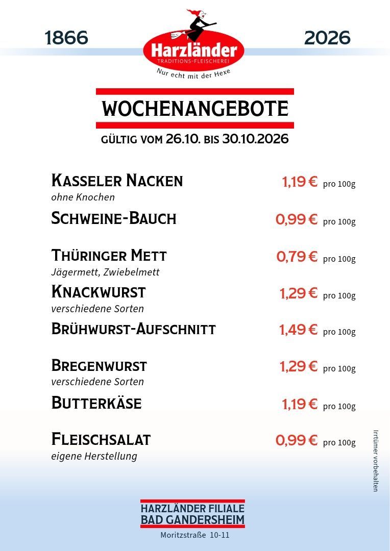 Harbinger-Wochenangebotsplakat in Rot und Weiß mit Fleischangeboten und Preisen für den 24.10.2026.