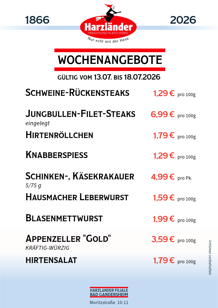Speisekarte mit wöchentlichen Angeboten inklusive Preisen für verschiedene Fleisch- und Käsesorten.