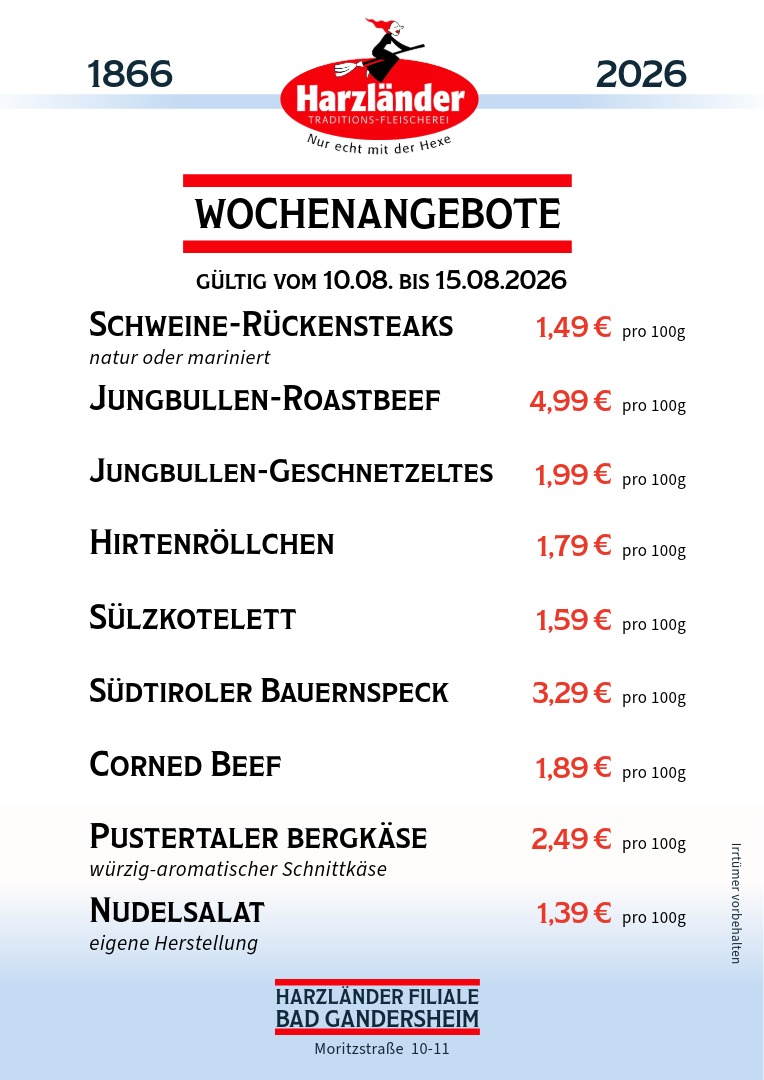 Wochenangebotsplakat einer deutschen Metzgerei mit roter Überschrift und Liste der Fleischangebote und Preise