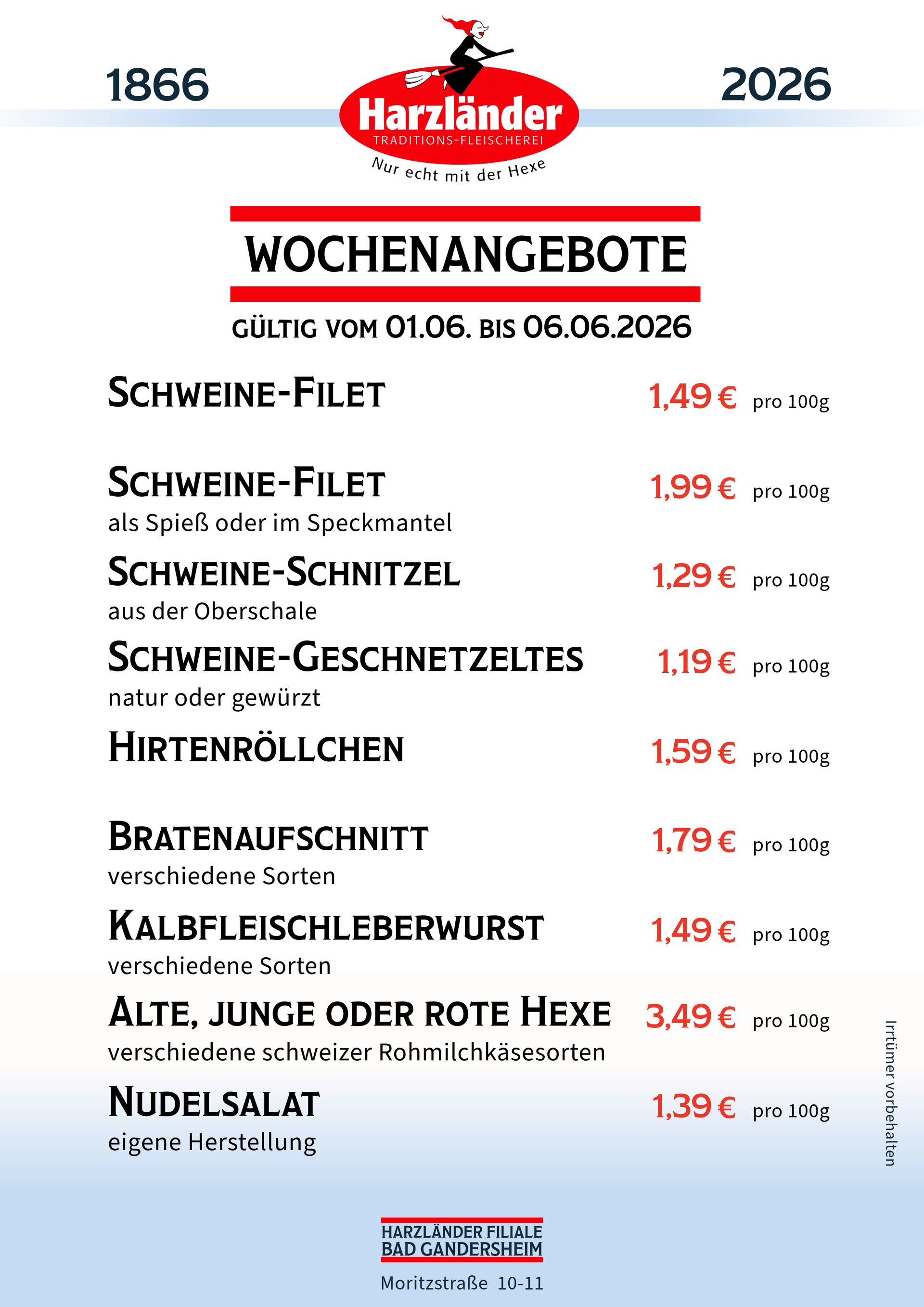 Speisekarte mit wöchentlichen Angeboten inklusive Preisen für verschiedene Fleisch- und Käsesorten.