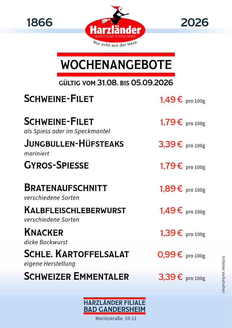 Speisekarte mit wöchentlichen Angeboten inklusive Preisen für verschiedene Fleisch- und Käsesorten.
