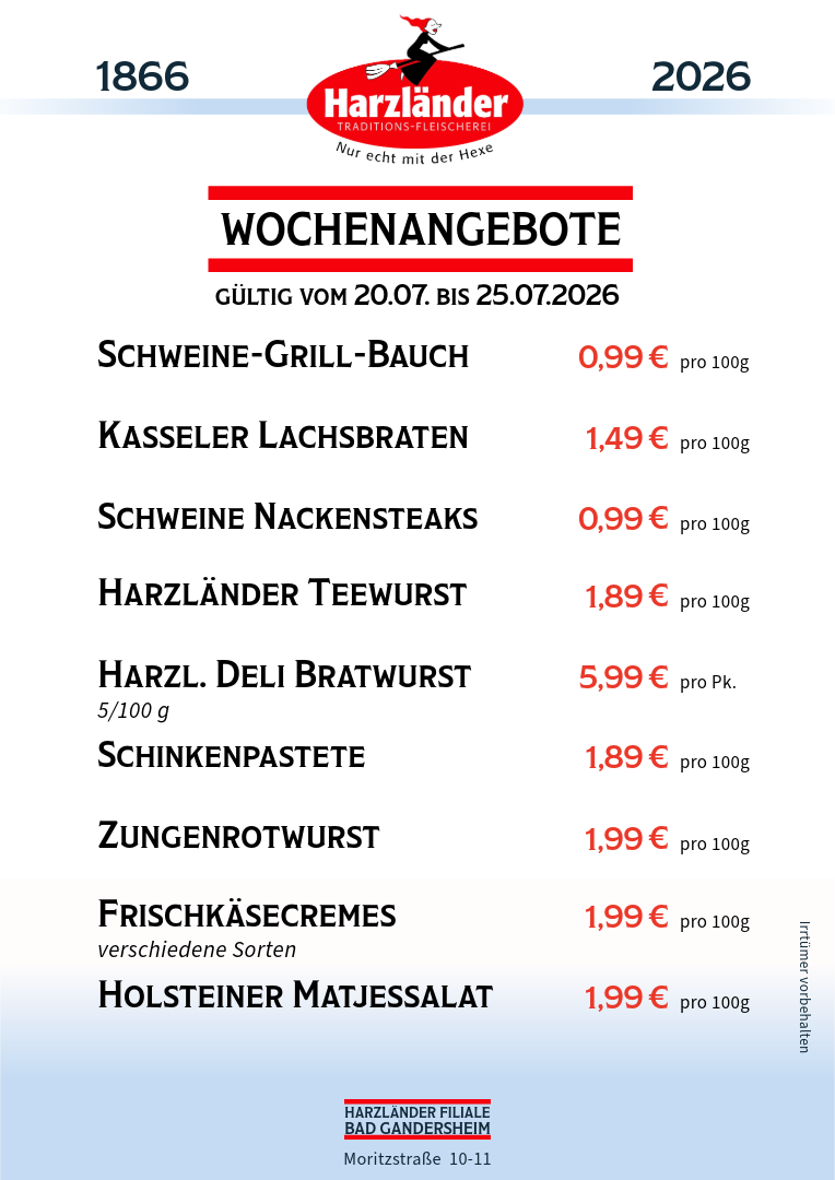 Speisekarte mit wöchentlichen Angeboten inklusive Preisen für verschiedene Fleisch- und Käsesorten.