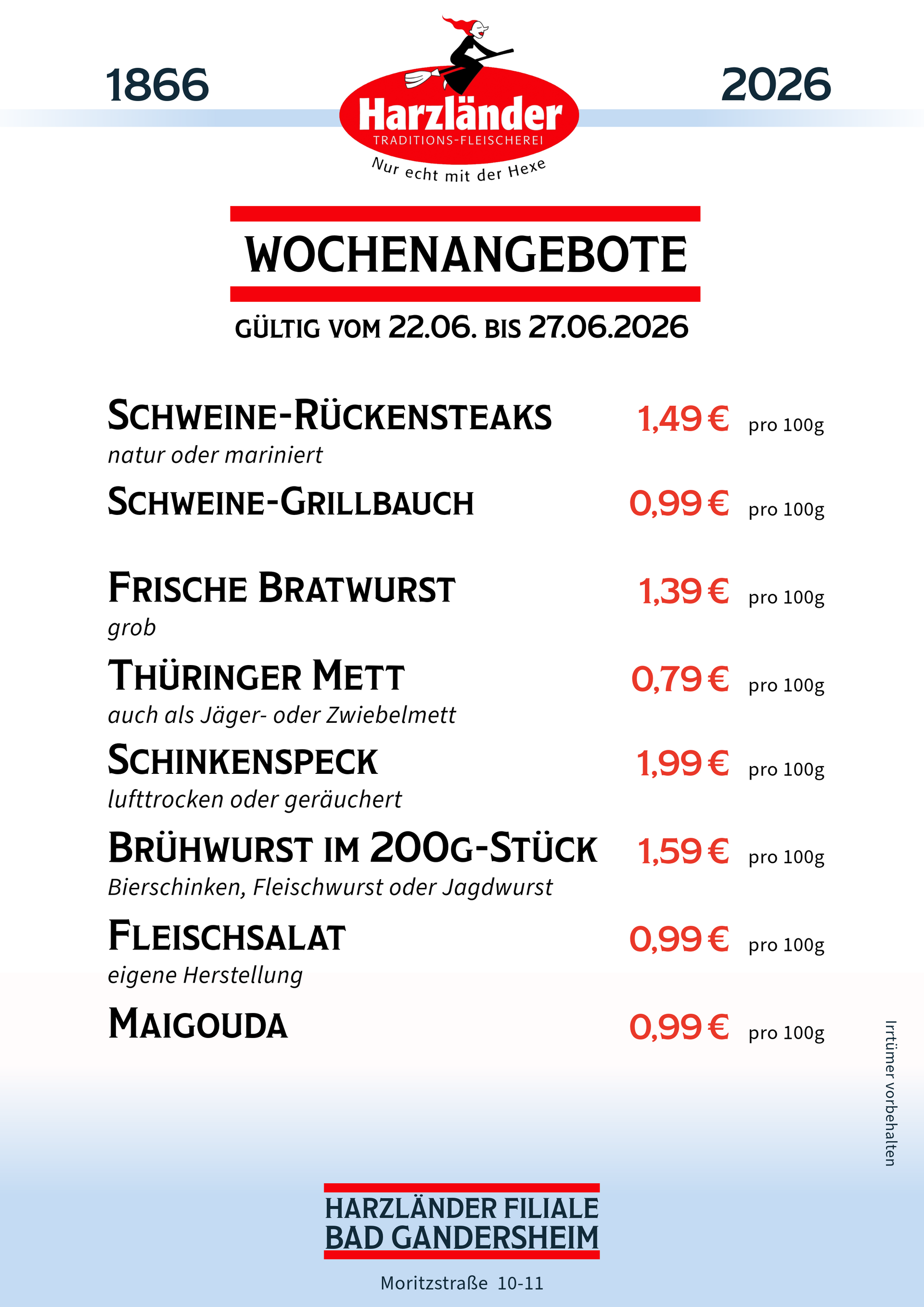 Wochenangebotsplakat einer deutschen Metzgerei mit roter Überschrift und Liste der Fleischangebote und Preise