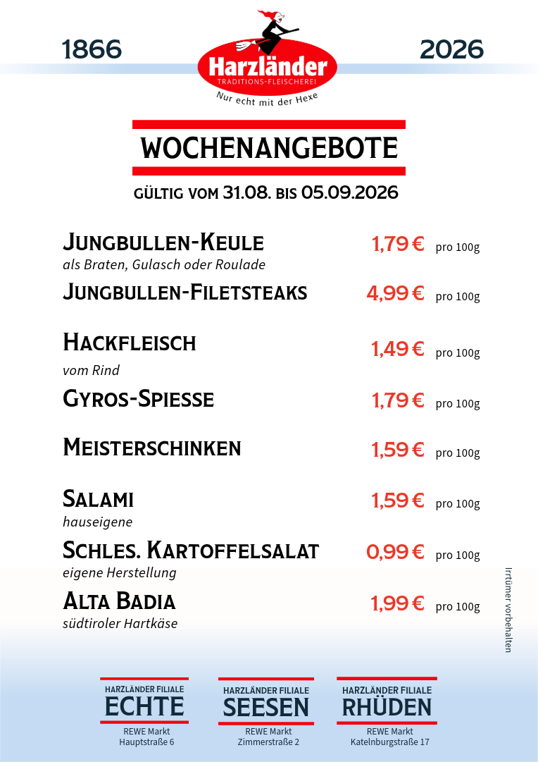 Speisekarte für Harzländer mit wöchentlichen Spezialitäten; inklusive Fleisch- und Salatgerichten mit Preisen.