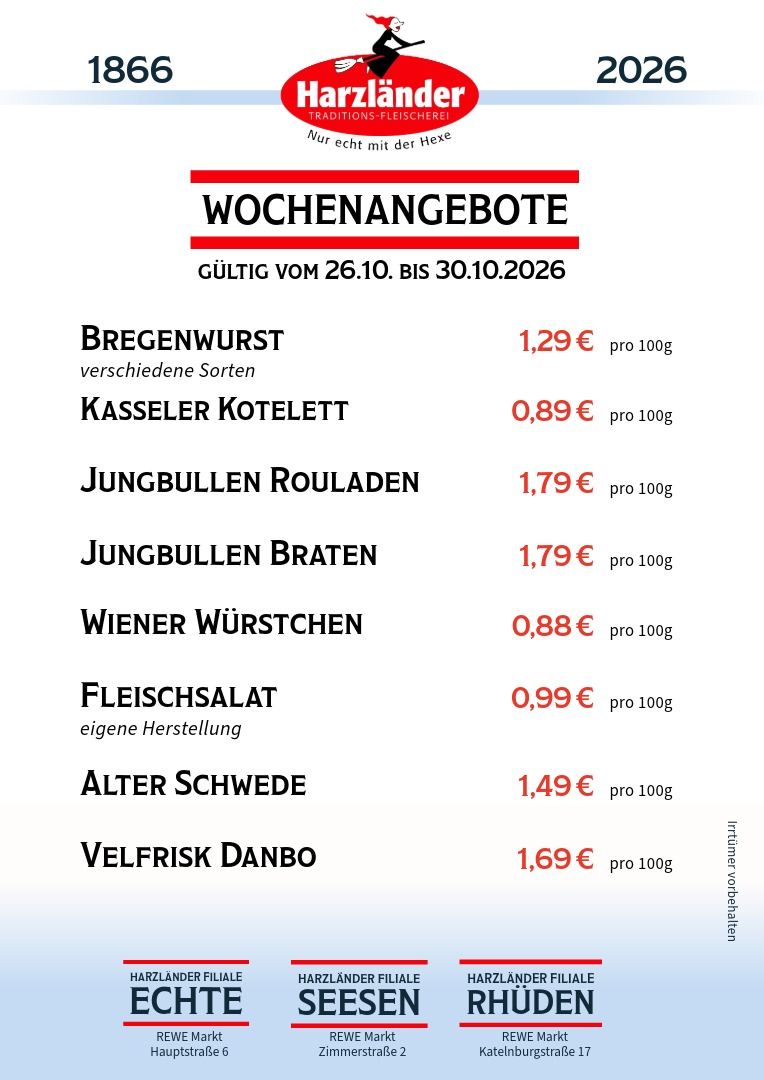 Speisekarte für Harzländer mit wöchentlichen Spezialitäten; inklusive Fleisch- und Salatgerichten mit Preisen.