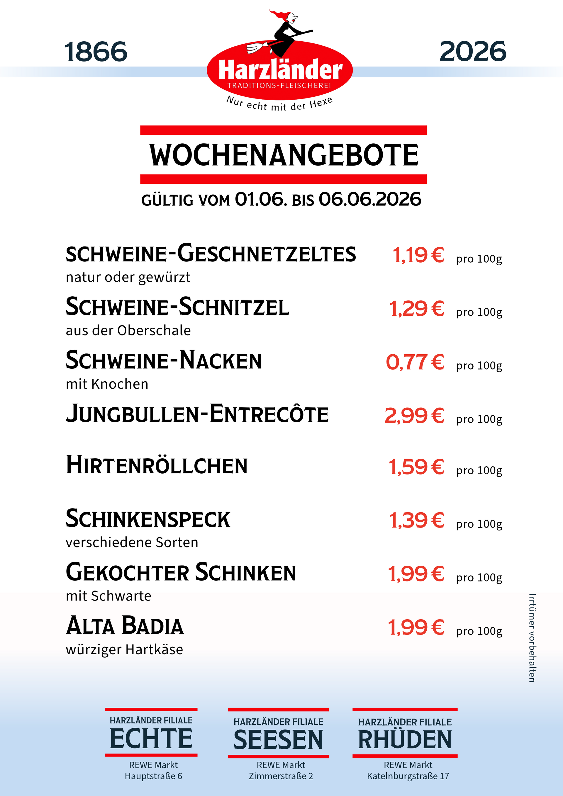 Speisekarte für Harzländer mit wöchentlichen Spezialitäten; inklusive Fleisch- und Salatgerichten mit Preisen.
